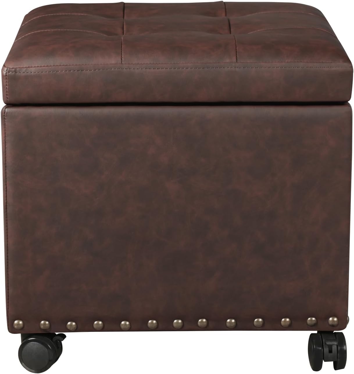 Adeco 16.7" H Brown Leather Storage Ottoman with 360 Caster Wheels, Square Foot Stool with Decorative Bronze Thumb Tacks & 330 LB Load Capacity, Modern Ottoman for Living Room, Bedroom, Entryway
