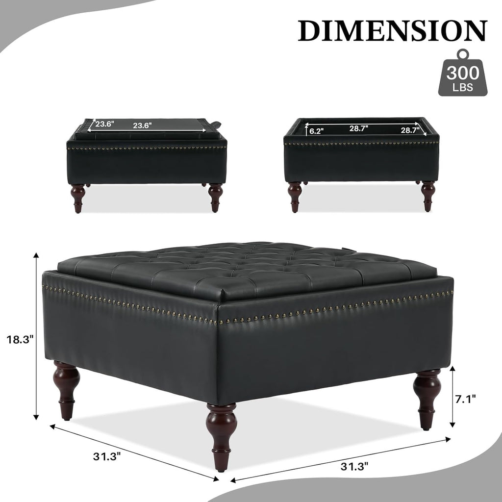 Storage Ottoman Coffee Table, Large Ottoman with Storage Oversized Square Footstool with Anti-Slip Embedded Lid, Tufted Upholstered Ottomans for Living Room, Black Faux Leather