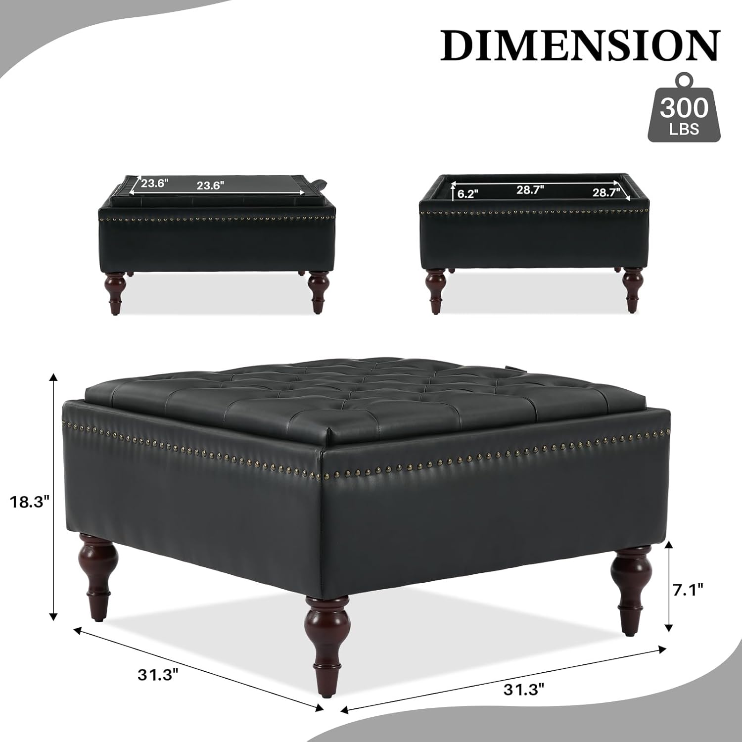 Storage Ottoman Coffee Table, Large Ottoman with Storage Oversized Square Footstool with Anti-Slip Embedded Lid, Tufted Upholstered Ottomans for Living Room, Black Faux Leather