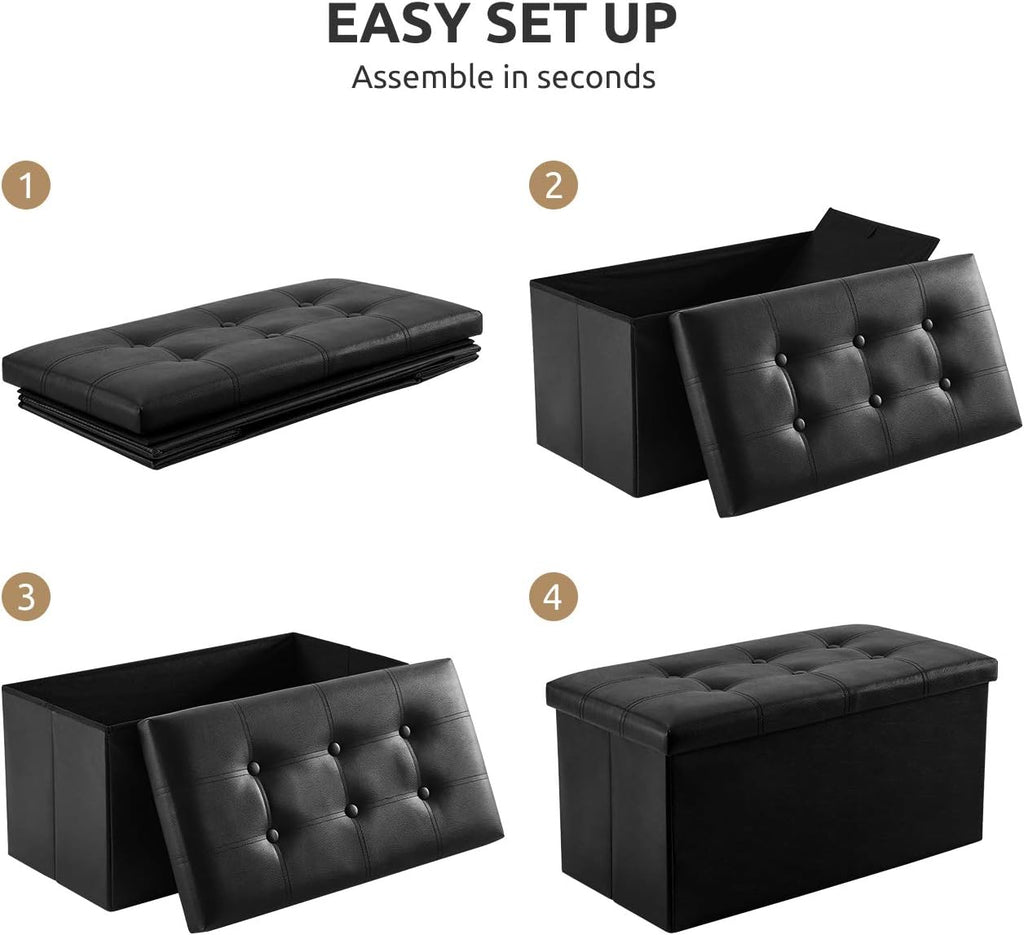 YOUDENOVA 30" Ottoman with Storage, Folding Faux Leather Bench, Black | Foldable ottoman with hidden storage, padded faux leather seat for living room, bedroom and entryway.