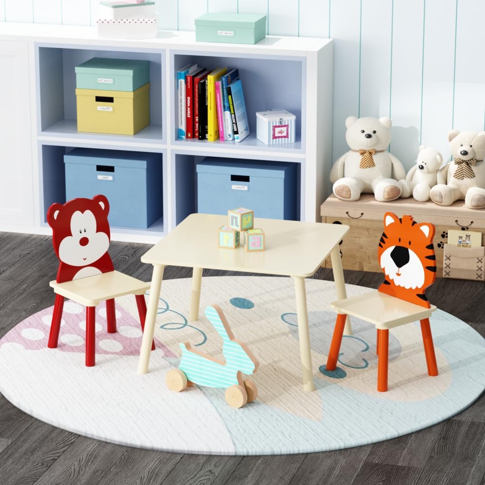 3 Pieces Kids Table and Chairs Set- Wooden Toddler Activity Table and 2 Chair Set with Bear and Tiger Chairs, Play Drawing Table for Daycare Classroom Nursery Home, Natural