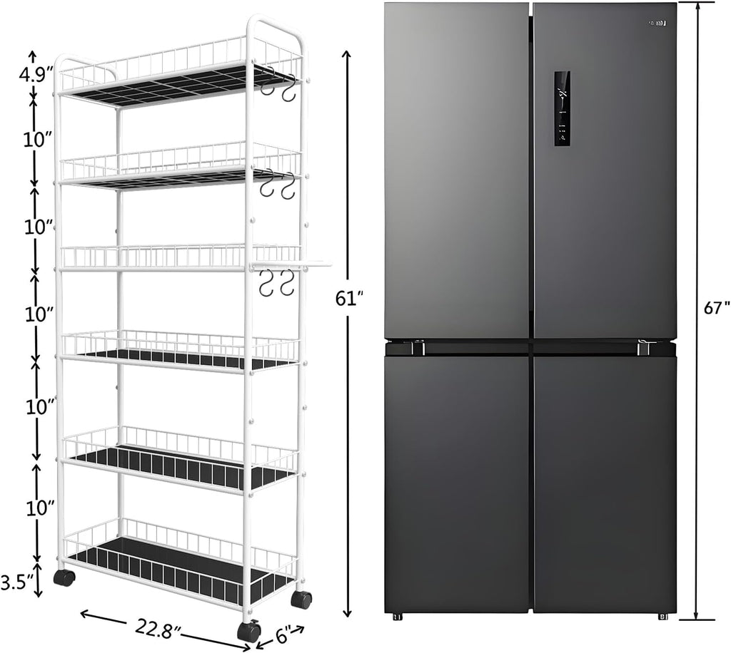 10in 6 Tier Slim Storage Cart with Wheels, Narrow Space Rolling Shelving Unit with Handle, Metal Wire Mobile Organizer Rack for Kitchen Bathroom Office Laundry