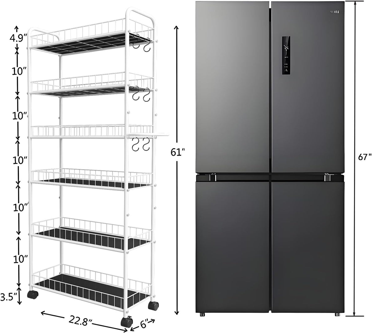 10in 6 Tier Slim Storage Cart with Wheels, Narrow Space Rolling Shelving Unit with Handle, Metal Wire Mobile Organizer Rack for Kitchen Bathroom Office Laundry