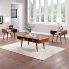 Pemberly Row Mid-Century 3-Piece Table Set, Solid Rubberwood, Rich Walnut Finish, Includes Coffee Table & 2 End Tables, Open Cubby Storage, Tapered Legs, Living Room Furniture Ensemble
