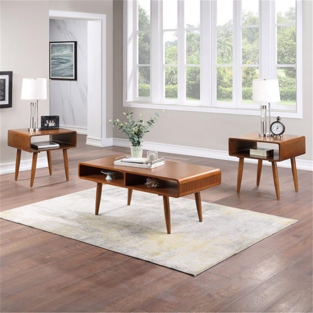 Pemberly Row Mid-Century 3-Piece Table Set, Solid Rubberwood, Rich Walnut Finish, Includes Coffee Table & 2 End Tables, Open Cubby Storage, Tapered Legs, Living Room Furniture Ensemble
