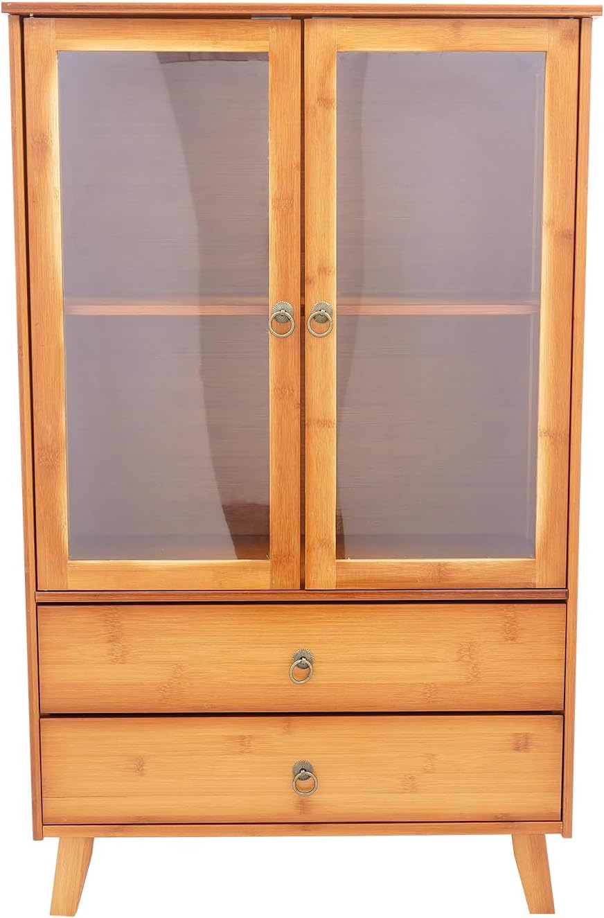 4 Tiers Bamboo Buffet Sideboard with Acrylic Doors,Floor Standing Pantry Cabinet with 2 Drawers for Kitchen Living Room