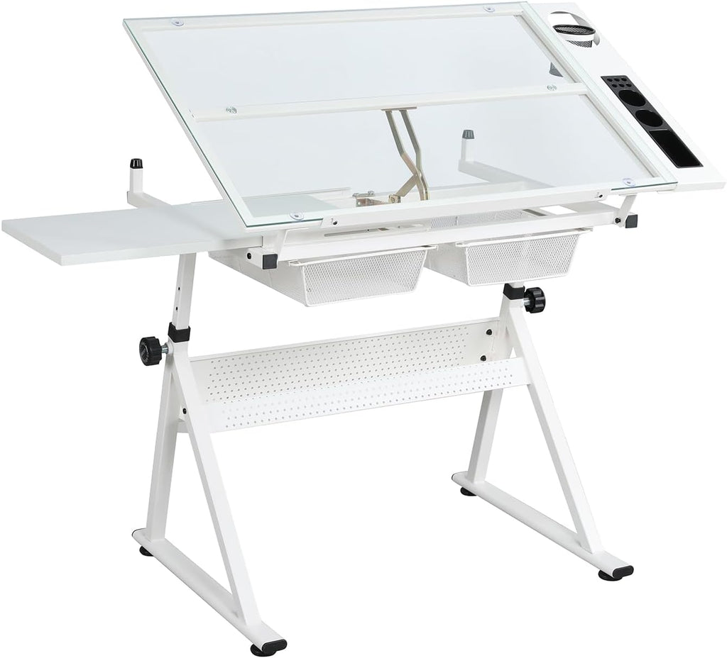 Drafting Table w/Stool, Height Adjustable Drawing Table, Multifunctional Art Craft Paintings Work Station w/2 Storage Drawers Artists Desk Tilting Glass Tabletop for Home Office Black (White)