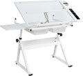Drafting Table w/Stool, Height Adjustable Drawing Table, Multifunctional Art Craft Paintings Work Station w/2 Storage Drawers Artists Desk Tilting Glass Tabletop for Home Office Black (White)