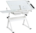 Drafting Table w/Stool, Height Adjustable Drawing Table, Multifunctional Art Craft Paintings Work Station w/2 Storage Drawers Artists Desk Tilting Glass Tabletop for Home Office Black (White)