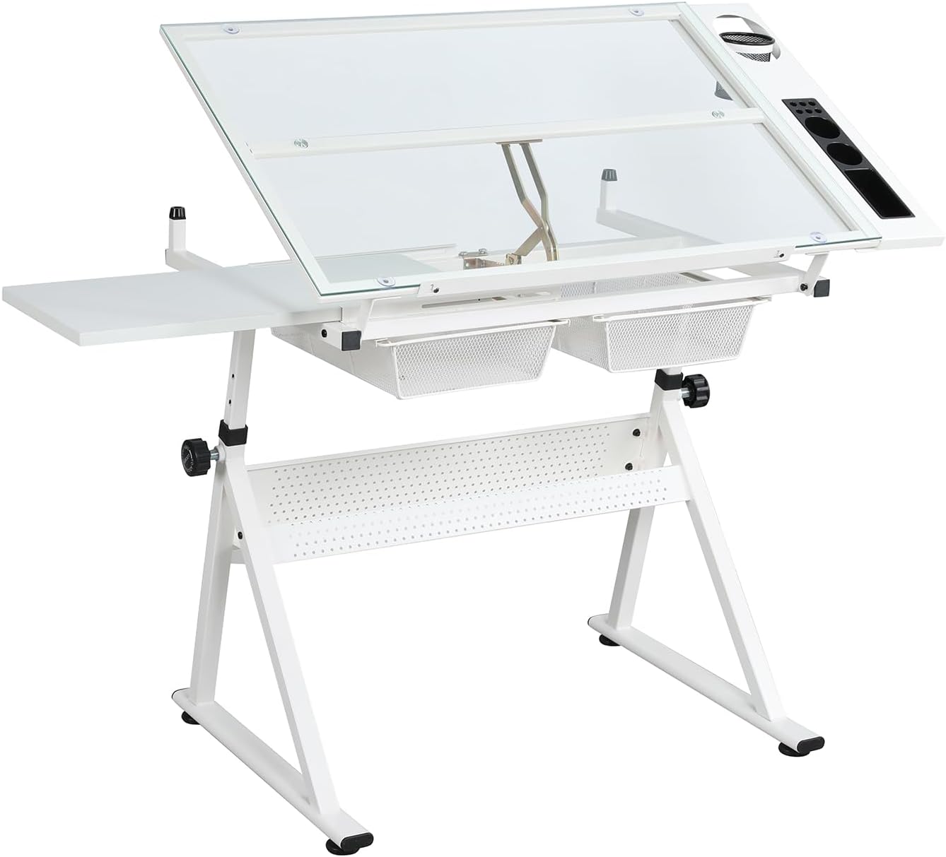 Drafting Table w/Stool, Height Adjustable Drawing Table, Multifunctional Art Craft Paintings Work Station w/2 Storage Drawers Artists Desk Tilting Glass Tabletop for Home Office Black (White)