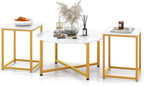 GIANTEX Round Nesting Table Set of 3, Wood Living Room Table Set, White | Modern Faux Marble Coffee Table w/2 End Tables, Sturdy Metal Frame, 3-Piece Coffee Table for Living Room