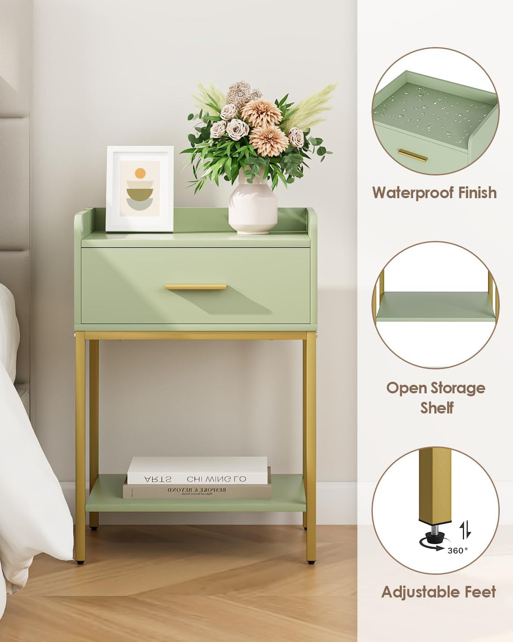 Nightstand,Modern Bedside Table Night Stand with Storage Drawer and Open Shelf,Small End Side Table for Bedroom,Living Room,Green