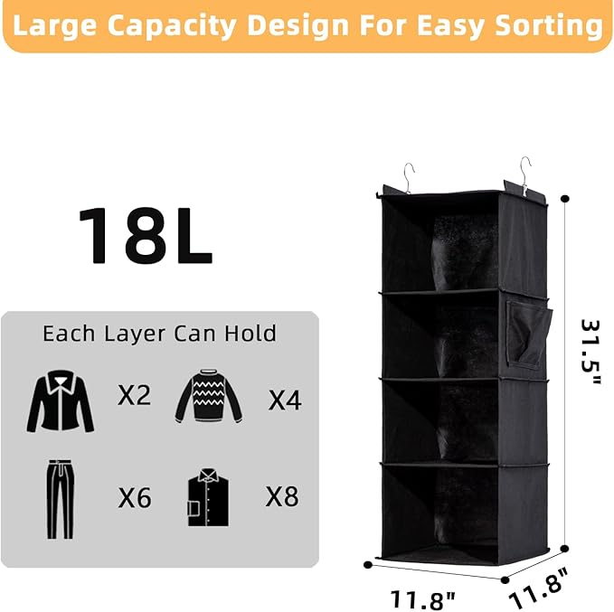4-Shelf Hanging Closet Organizer and Storage, Collapsible Hanging Shelves for Closet with 2 Side Pockets, Hanging Shoe Organizer to Saving Space,Black