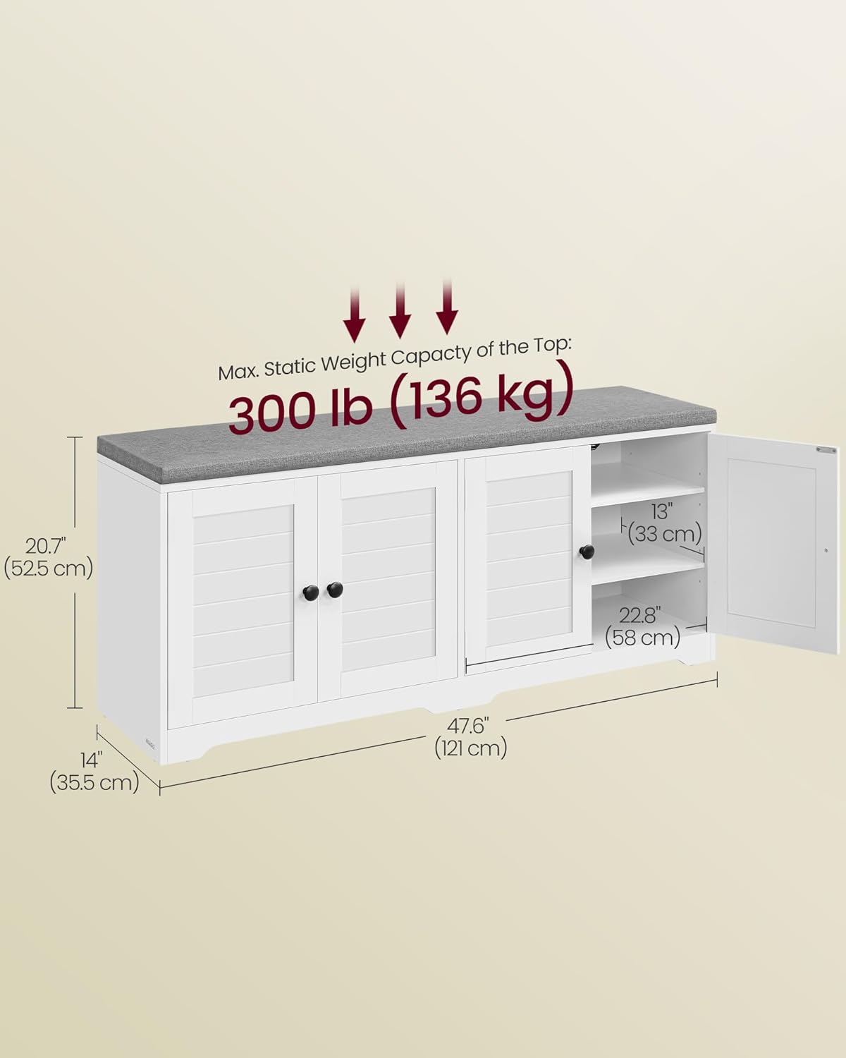 VASAGLE Shoe Storage Bench with Cushion, 3-Tier Entryway Bench with Padded Seat, Doors, Adjustable Shelves, 14 x 47.6 x 20.7 Inches, for Hallway, Bedroom, Cloud White and Dove Gray ULSB048WB01