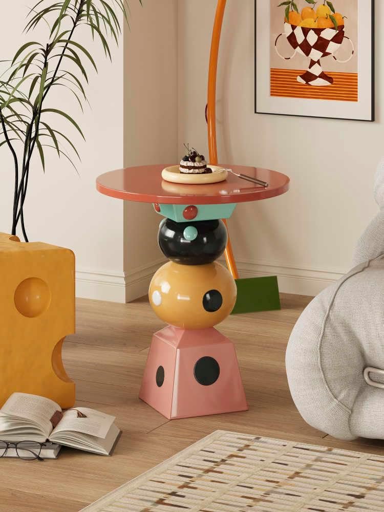 Colorful Stacked Side Table – Modern Memphis Style Geometric Accent Table, Playful Multi-Color Shapes for Bright Living Room Design