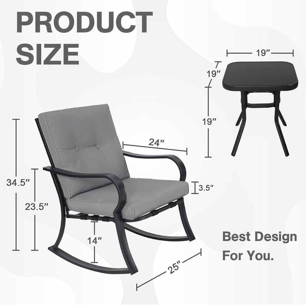Outdoor 3-Piece Rocking Chairs, Patio Bistro Furniture Set, 2 Black Steel Rocking Chairs with Cushion and Glass Top Coffee Table (Grey)