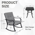 Outdoor 3-Piece Rocking Chairs, Patio Bistro Furniture Set, 2 Black Steel Rocking Chairs with Cushion and Glass Top Coffee Table (Grey)