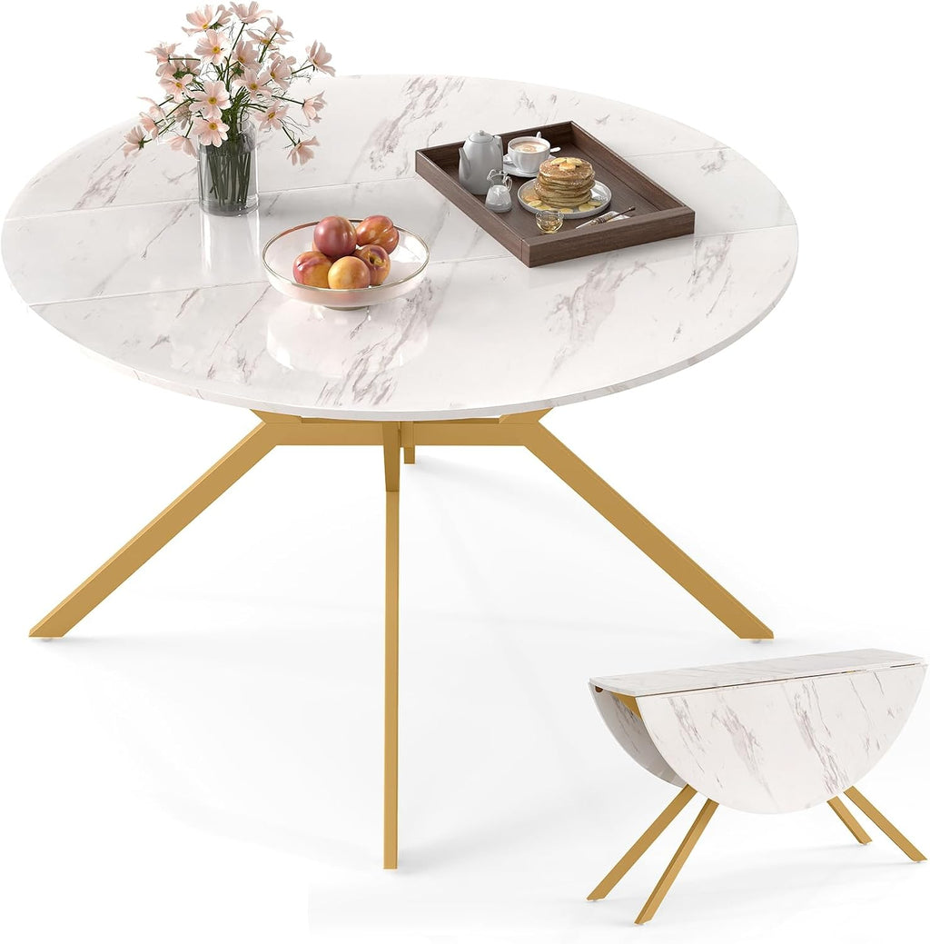 Giantex Folding Dining Table for 4-6 People, 47" Round Drop Leaf Table with Metal Frame, Mid-Century Modern Expandable Kitchen Tables for Small Spaces Dinette Living Room Restaurant (White)