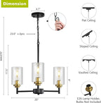 9MMML 3 Lights Black and Gold Chandelier, Modern Glass Ceiling Chandelier Light Fixture for Dining Room, Kitchen, Over Table,Foyer, E26 Base