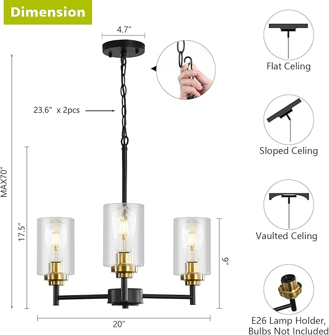 9MMML 3 Lights Black and Gold Chandelier, Modern Glass Ceiling Chandelier Light Fixture for Dining Room, Kitchen, Over Table,Foyer, E26 Base