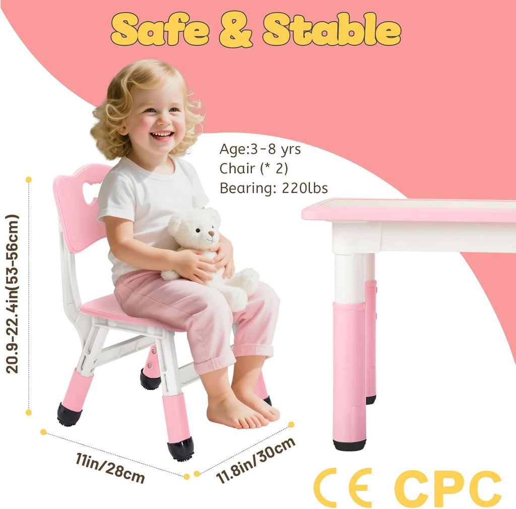 FUNLIO Kids Table and 4 Chairs Set and Adjustable Kids Chair (2pcs)，Easy to Wipe Arts & Crafts Table, for Classrooms/Daycares/Homes, CPC & CE Approved (5-Piece Set) - Pink