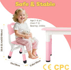 FUNLIO Kids Table and 4 Chairs Set and Adjustable Kids Chair (2pcs)，Easy to Wipe Arts & Crafts Table, for Classrooms/Daycares/Homes, CPC & CE Approved (5-Piece Set) - Pink