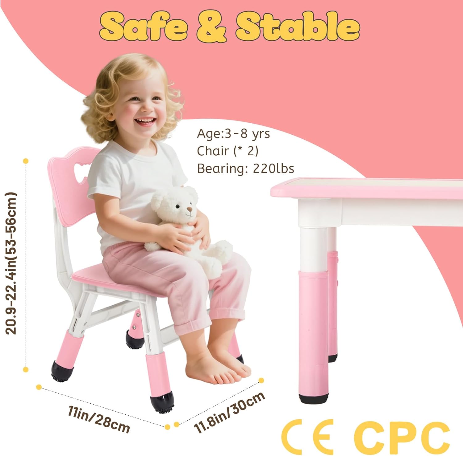 FUNLIO Kids Table and 4 Chairs Set and Adjustable Kids Chair (2pcs)，Easy to Wipe Arts & Crafts Table, for Classrooms/Daycares/Homes, CPC & CE Approved (5-Piece Set) - Pink