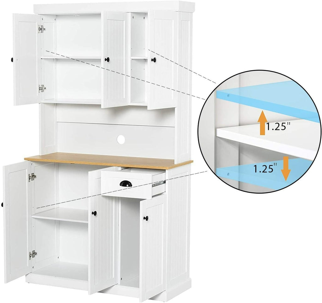 71" Kitchen Pantry Storage Cabinet with Microwave Shelf, Modern Freestanding Hutch with Adjustable Shelves, 6 Doors and Drawer, Wood Countertop for Kitchen, Dining Room, White