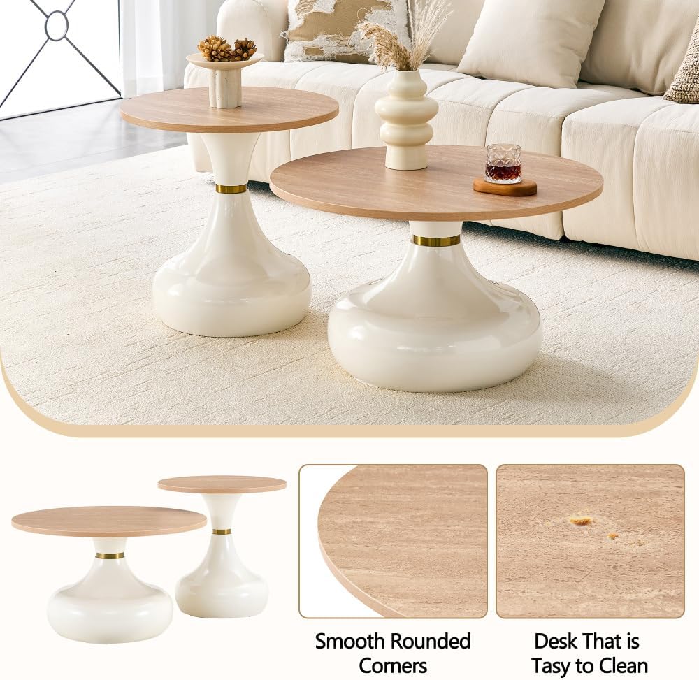 Affordable Luxury Gourd-Shaped Nesting Coffee Table Set. (Off White + Wood + MDF+Metal)