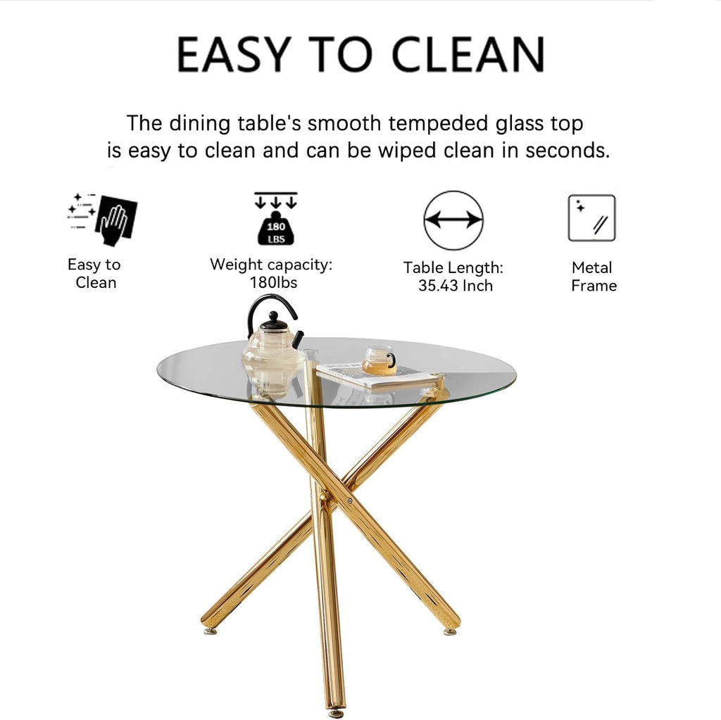 36" Luxury Gold Glass Dining Room Table Set for 4, 5-Piece Round Kitchen Dining Table Set with Cross Metal Legs and 4 Black Velvet Upholstered Chairs, Glass Kitchen Table & Chairs Set