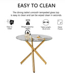 36" Luxury Gold Glass Dining Room Table Set for 4, 5-Piece Round Kitchen Dining Table Set with Cross Metal Legs and 4 Black Velvet Upholstered Chairs, Glass Kitchen Table & Chairs Set