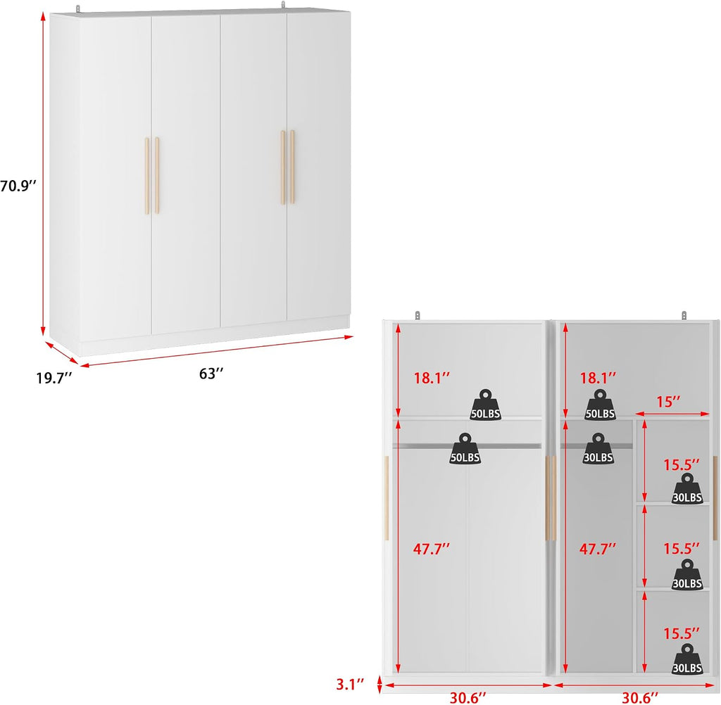 AGOTENI Armoire Wardrobe Closet with 4 Doors & 2 Hanging Rods, Wooden Clothing Storage Cabinet with Shelves for Bedroom, White, 19.7" D x 63" W x 70.9" H
