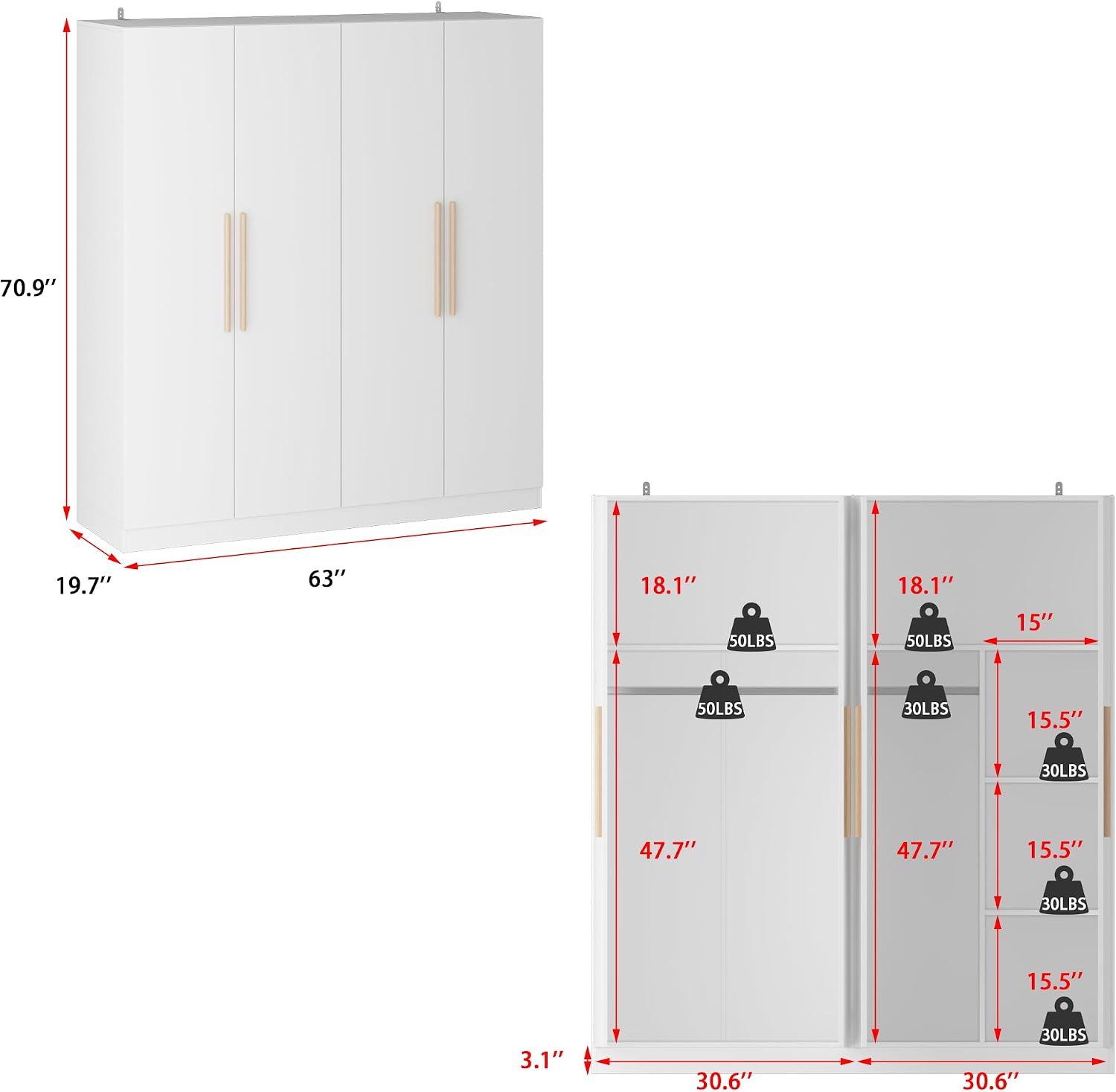 AGOTENI Armoire Wardrobe Closet with 4 Doors & 2 Hanging Rods, Wooden Clothing Storage Cabinet with Shelves for Bedroom, White, 19.7" D x 63" W x 70.9" H