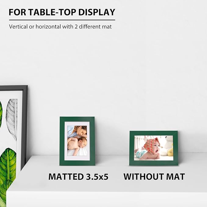 KINLINK 4x6 Picture Frames Green Wood Frames with Acrylic Plexiglass for 3.5x5 with Mat or 4x6 without Mat, Tabletop and Wall Mounting Display, Set of 4