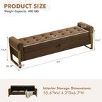 67" Storage Bench for Bedroom, King Size End of Bed Bench, Upholstered Storage Ottoman Bench with Golden Metal Legs, Bedroom Bench for Entryway, Brown