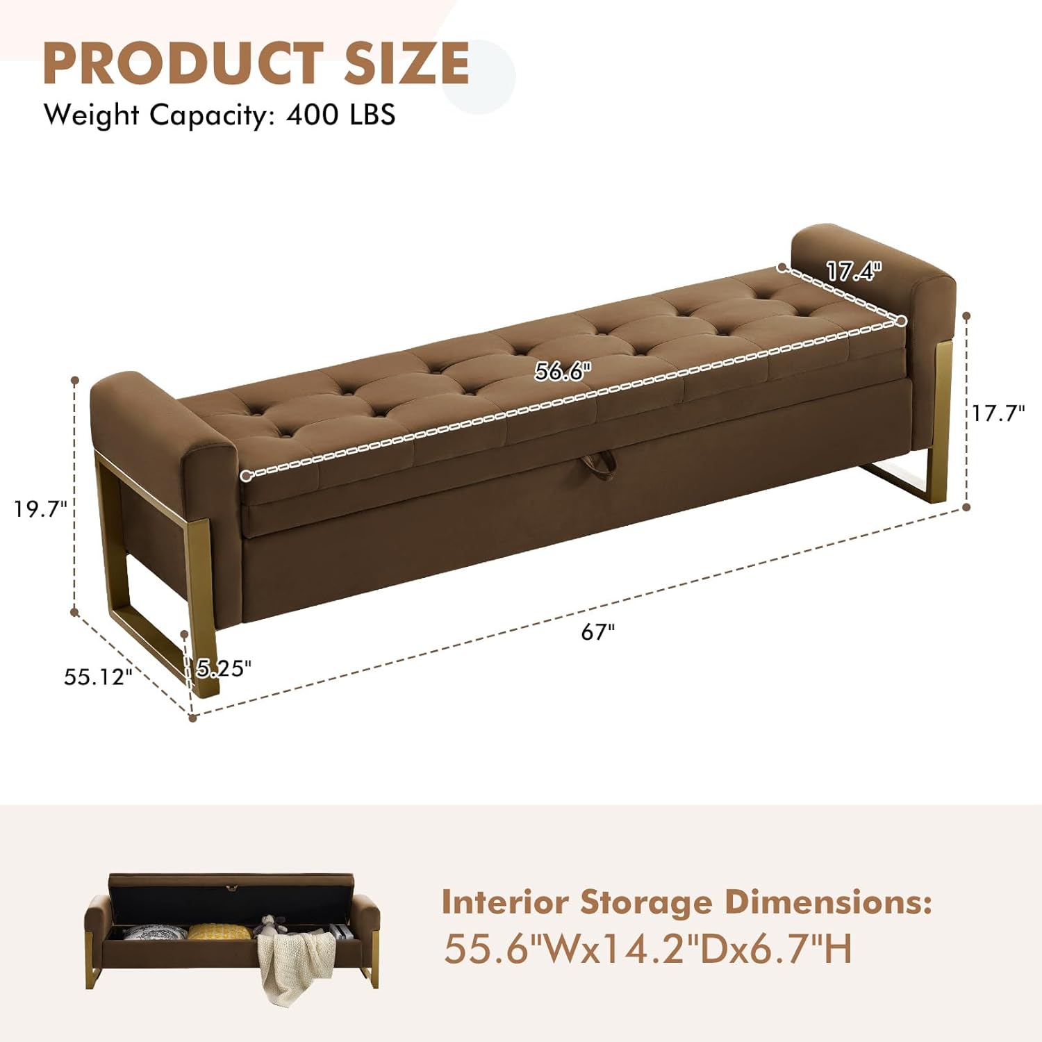 67" Storage Bench for Bedroom, King Size End of Bed Bench, Upholstered Storage Ottoman Bench with Golden Metal Legs, Bedroom Bench for Entryway, Brown