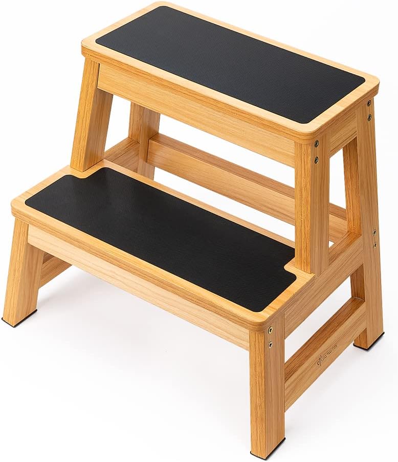 StrongTek Wood 2 Step Stool for Adults, 17.5 in, 500 lb, Non-Slip | Wide Non-Slip Treads, 500 lb Capacity, Heavy-Duty, Kitchen, Closet, Bedside and Everyday Home Reach