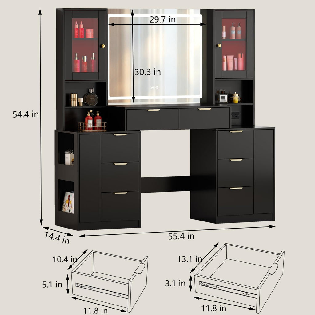 Chrangmay 55.4" Big Modern Vanity Desk with Mirror and Lights,Makeup Vanity Desk with 8 Drawers and Storage Shelves & Power Outlet,RBP Glass Cabinets, Black