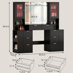 Chrangmay 55.4" Big Modern Vanity Desk with Mirror and Lights,Makeup Vanity Desk with 8 Drawers and Storage Shelves & Power Outlet,RBP Glass Cabinets, Black