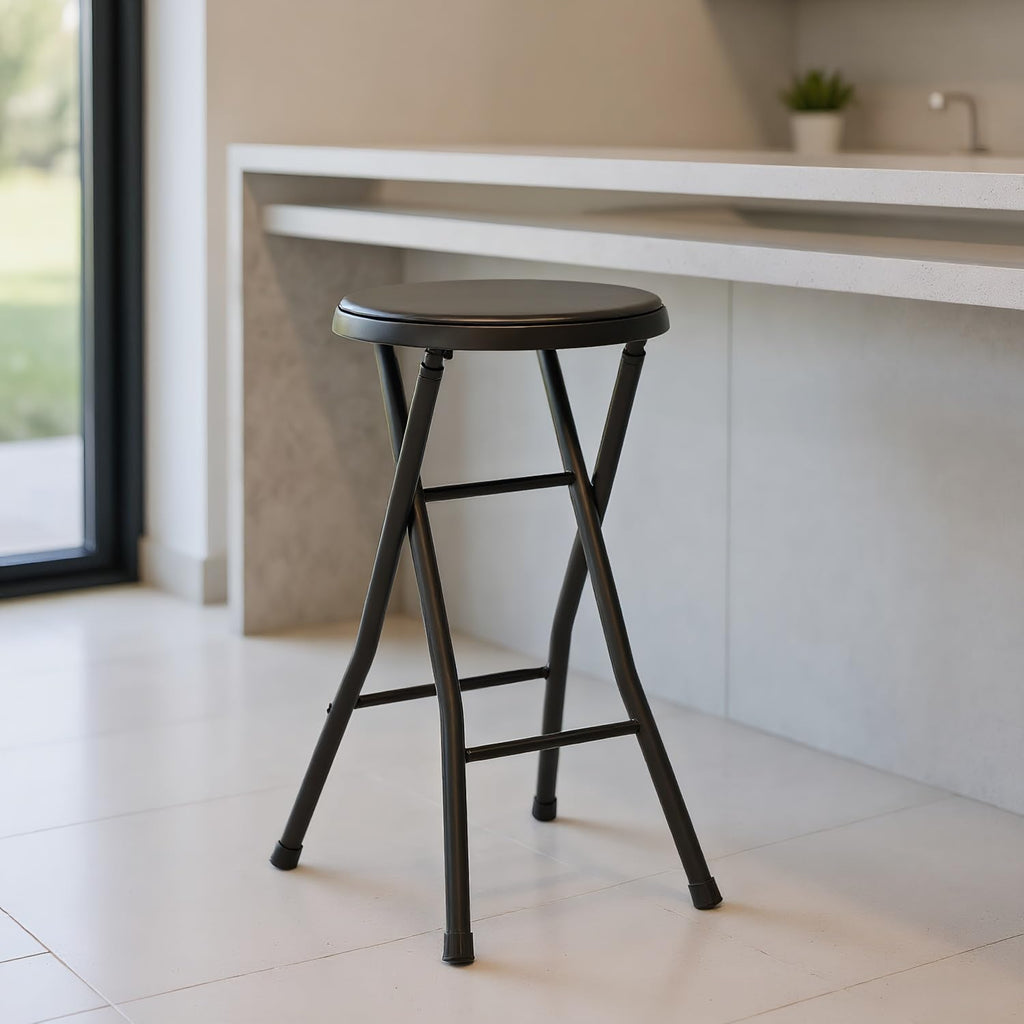 Portable Folding Metal Stool with Non-Slip Rubber Feet, Lightweight Compact Stool for Kitchen, Bar, Classroom, and Camping, Space-Saving Foldable Design with Padded Seat, Supports 200 lbs, Black