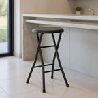 Portable Folding Metal Stool with Non-Slip Rubber Feet, Lightweight Compact Stool for Kitchen, Bar, Classroom, and Camping, Space-Saving Foldable Design with Padded Seat, Supports 200 lbs, Black
