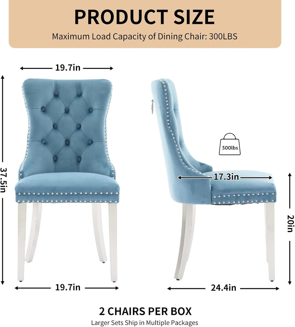 Velvet Dining Chairs Set of 4, Tufted Upholstered High Wingback Chairs with Nailhead Trim & Pull Ring, Silver Stainless Steel Legs for Dining Room, Sillas de Comedor, Light Blue
