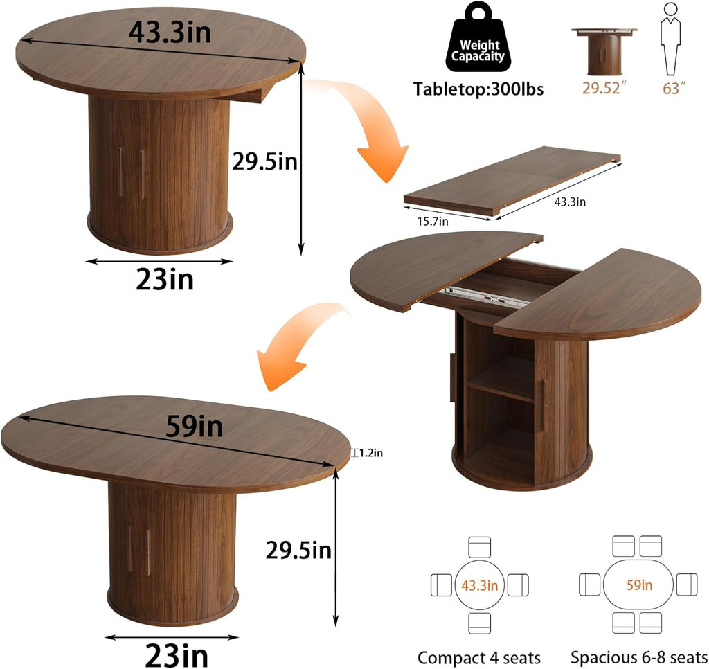 43"-59" Extendable Dining Room Table for 4-8, Round Expandable Kitchen Table with Fluted Sliding Door Cabinet, Modern Farmhouse Oval Dinner Tables for Dining Room Kitchen Living Room,Walnut