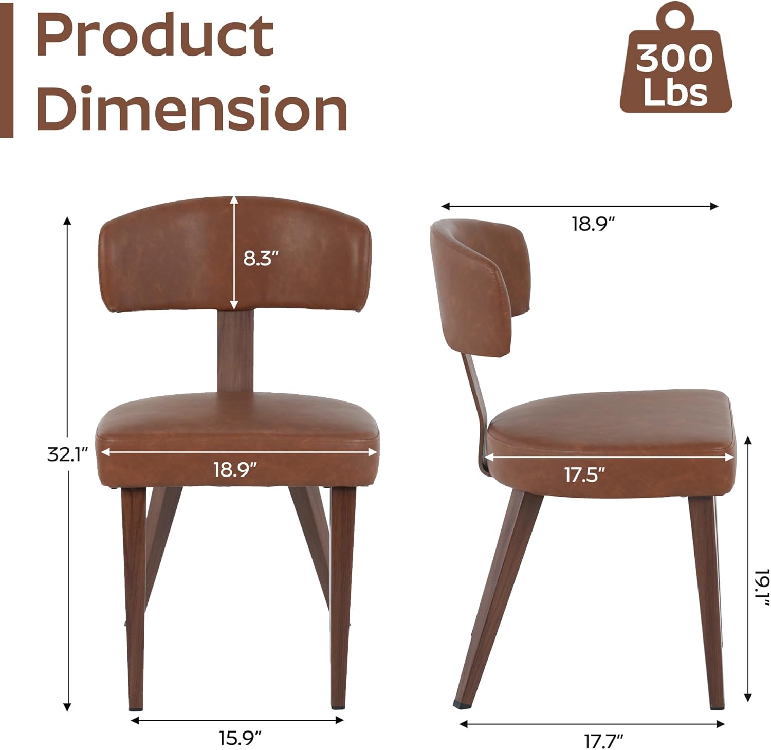 Mid-Century Dining Chair Set of 4, Upholstered Kitchen Chair with T-Shaped Back, Faux Leather with Wood Grain Metal Legs, Comfortable Padded Seat forKitchen, Living Room, Brown(Only Chairs)