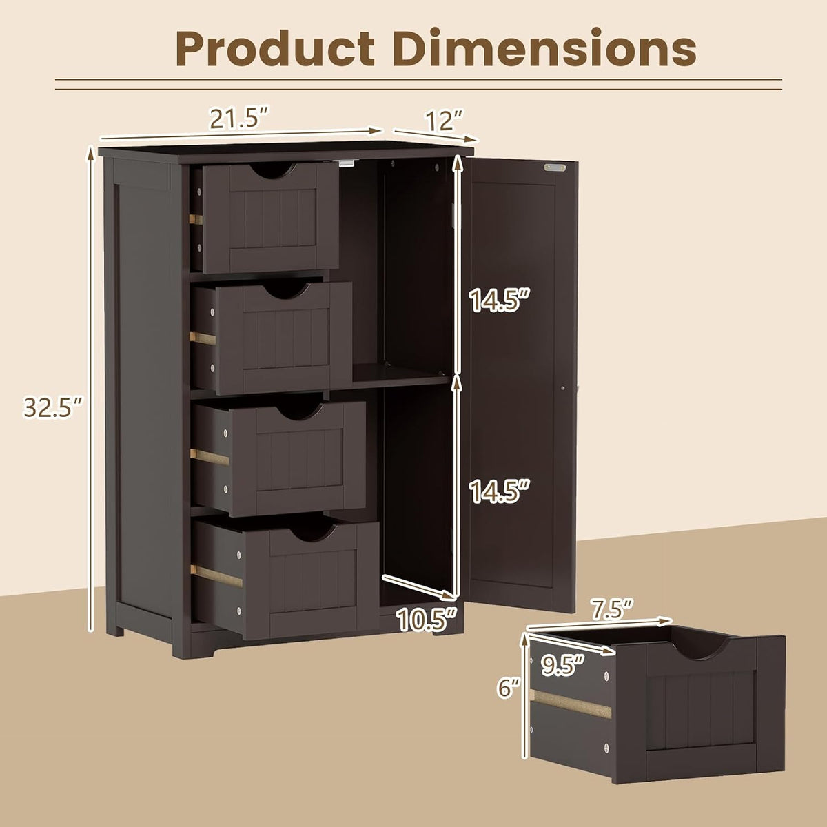 GLACER Bathroom Floor Cabinet, Multifunctional Storage Cabinet (Brown) | Wooden Side Storage Organizer | 4 Drawers & 1 Door | For Laundry Room, Living Room or Kitchen