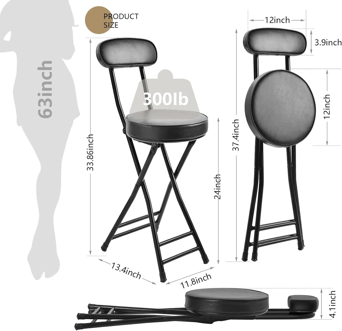 H HOMEWINS Folding Stool,23.6" Portable Foldable Bar Stool Chair | 1PCS Counter Height Bar Stool with Back for Fishing Hiking Gardening Travel BBQ