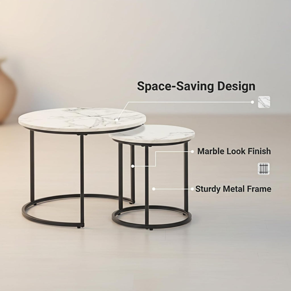 Round Nesting Coffee Table Set of 2, Modern Marble Pattern Wooden Nesting Tables, Stacking Minimalist End Table for Living Room Bedroom Small Space, White and Black
