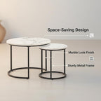 Round Nesting Coffee Table Set of 2, Modern Marble Pattern Wooden Nesting Tables, Stacking Minimalist End Table for Living Room Bedroom Small Space, White and Black