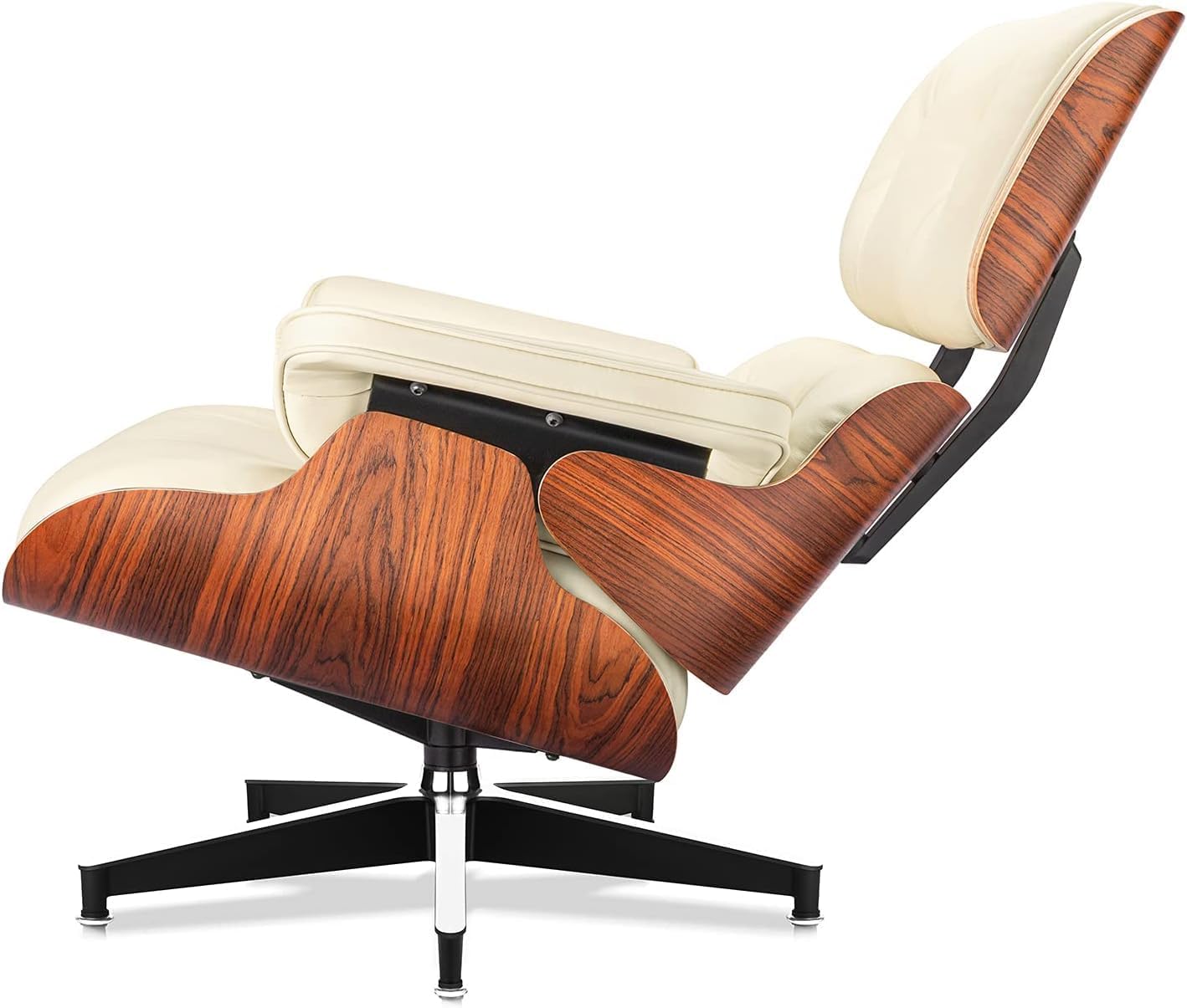 Top Cream White Grain Leather, Mid Century Chaise Lounge Chair and Ottoman, Modern Chair Classic Design, Palisander Wood, Heavy Duty Base Support for Living Room Office