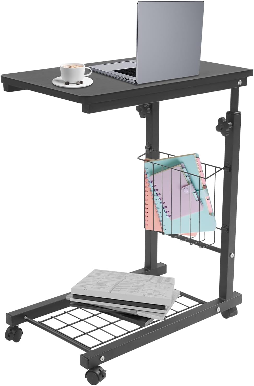 Adjustable Side Table, Modern Dual Shelves Rolling Side Table with 4 Brake Wheels, C-Shaped End Table Laptop Desk for Living Room Bedroom Dorms Office (Black)